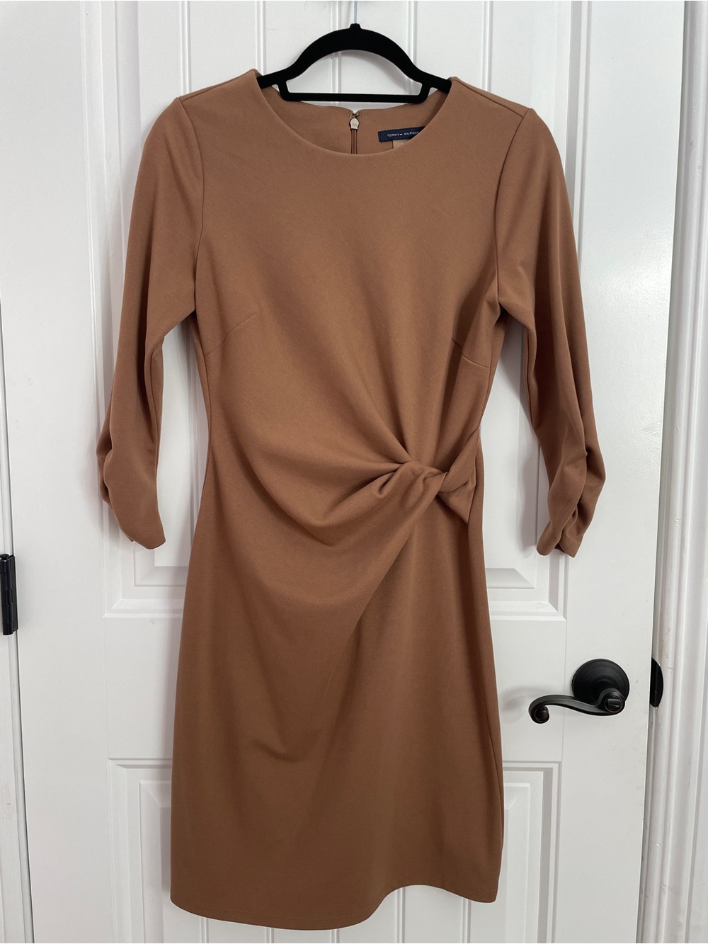Tommy Hilfiger Brown 3/4 Sleeve Knot Waist Dress Ruched Sleeve Fall Midi Size 4